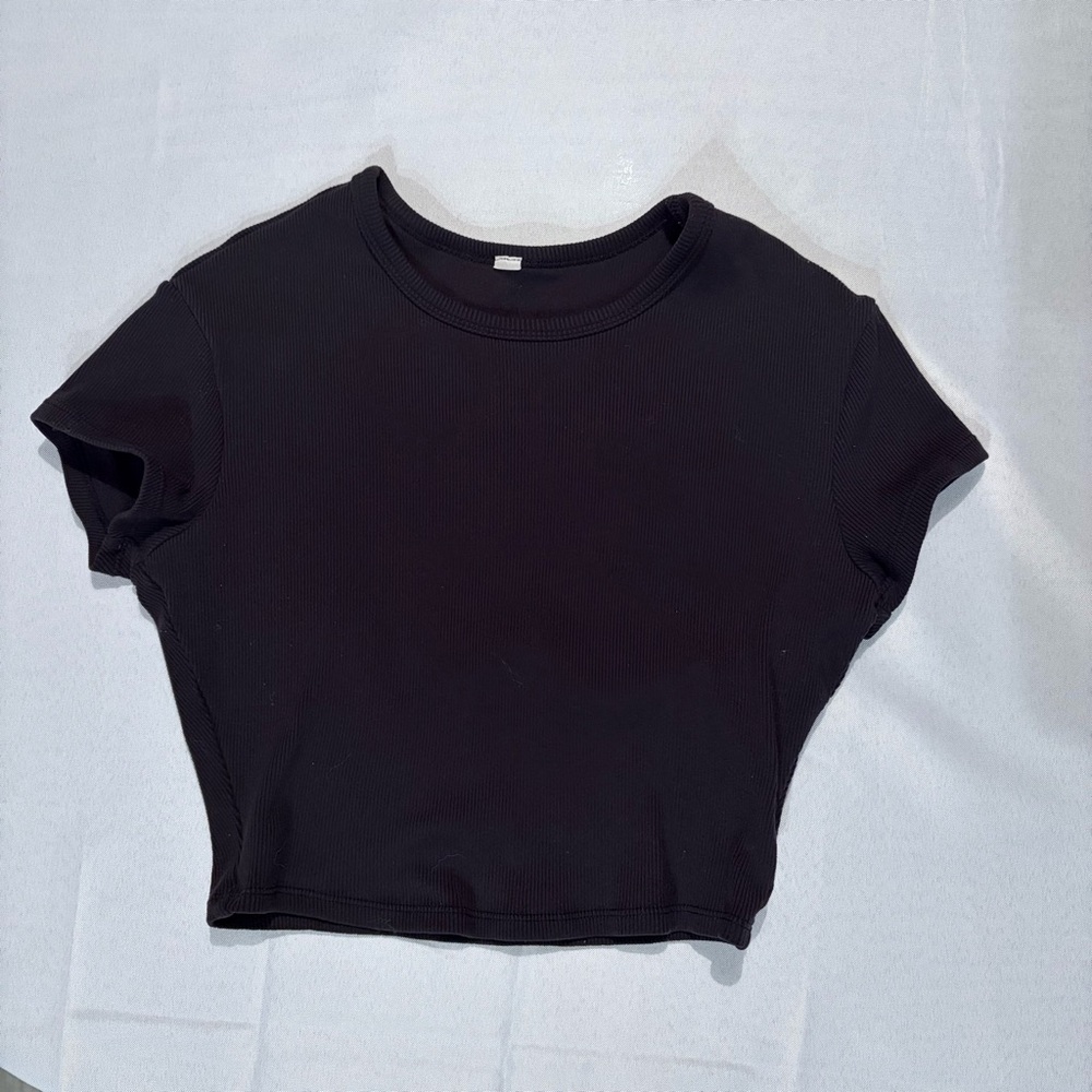 Alo Yoga Ribbed Cropped Tee Black Athletic Workout Top Women